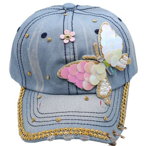Light Blue Jean Style Butterfly Rhinestone Hat With Adjustable Strap