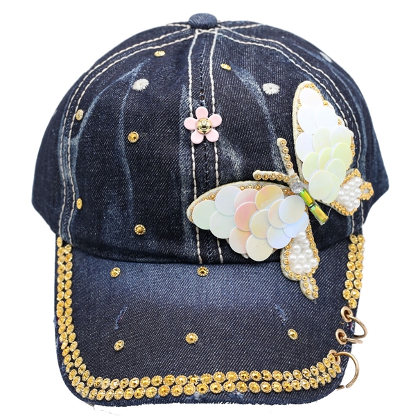 Blue Jean Denim Style Butterfly Rhinestone Hat With Adjustable Strap