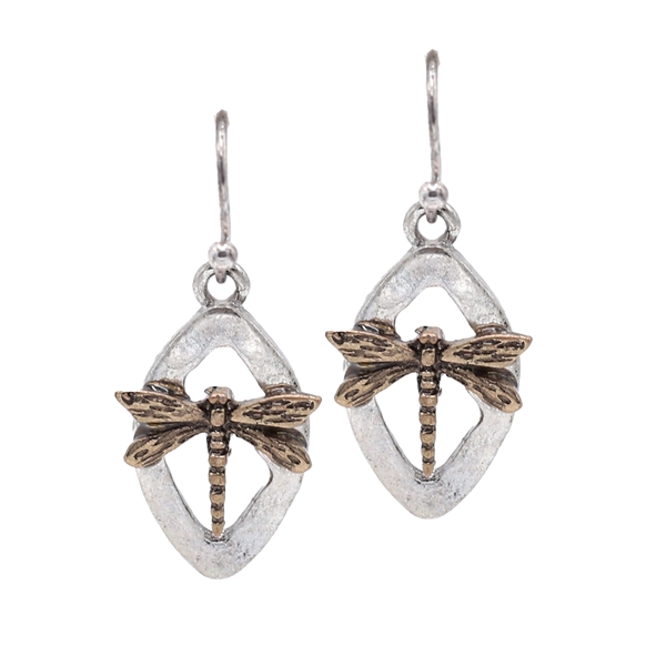 Bronze & Silver Oval Shaped Dragonfly Fish Hook Drop Earrings