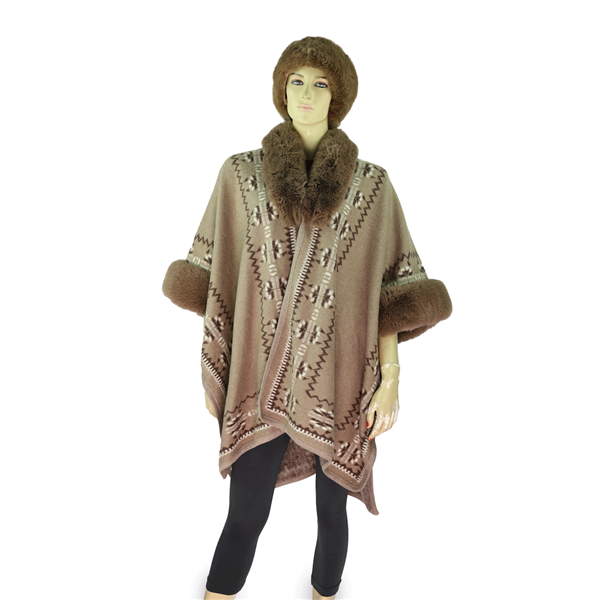 Khaki Warm & Cozy Thick Western Mixed Patterned Light Brown Fur Collar Cape Poncho