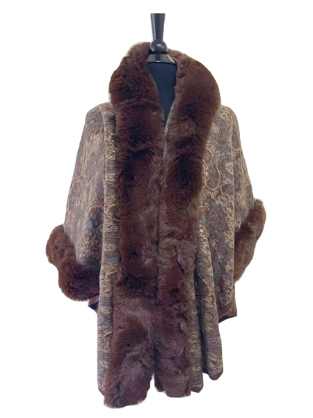 Brown Warm & Cozy Thick Paisley Mixed Patterned Brown Fur Collar Cape Poncho