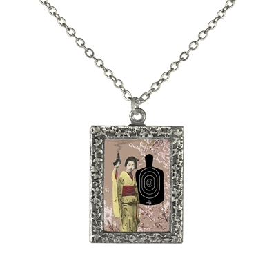 Geisha with a Gun Pendant Frame Necklace