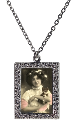 Woman in Pink Holds Kitten Frame Necklace