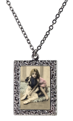 Little Girl Hugging St. Bernard  Frame Necklace