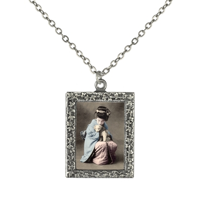 Blue and Pink Geisha with a Puppy Frame Necklace