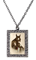 Woman with Bay Horse Frame Necklace