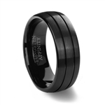 Brushed Finish Black Tungsten Carbide Ring & 2 Polished Grooves