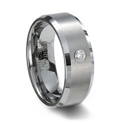 Brushed Tungsten Wedding Band with CZ & Beveled Edges