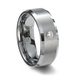 Brushed Tungsten Wedding Band with CZ & Beveled Edges