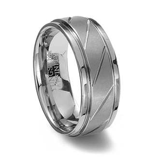 Brushed Finish Tungsten Carbide Ring with Diagonal Grooves