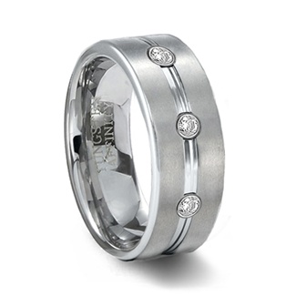 Brushed Mens Tungsten Wedding Band with 3 CZ Gems