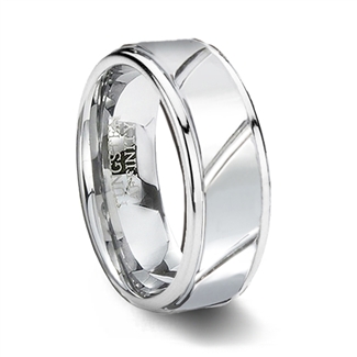 Polished Finish White Tungsten Ring with Diagonal Grooves & Step Edge