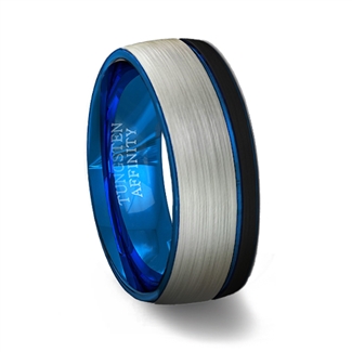 Brushed Finish Dome Tungsten Carbide Ring with Black Edge and Blue Offset Groove - Blue Inner Band