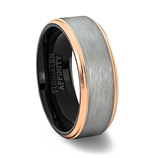 Brushed Tungsten Carbide Ring with Polished Rose Gold Plated Double Bevel Edges & Black inner band