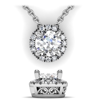 Round Brilliant Diamond Halo Necklace with Filigree 3/8ctw.