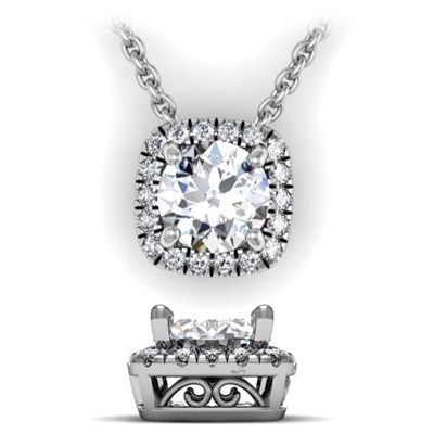 Cushion Shape Diamond Halo Necklace with Filigree 3/4ctw.