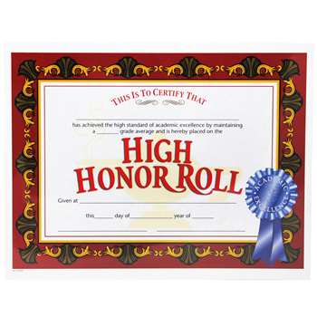 Certificates High Honor Roll 30/Pk Award 8.5 X 11 By Hayes School Publishing