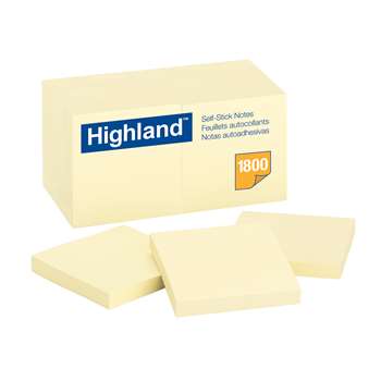 Highland Self Stick 18Pk Removable Notes 3X3 Yellow By 3M