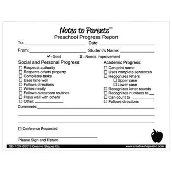 Notes To Parents Preschool Progress Report, SE-1024