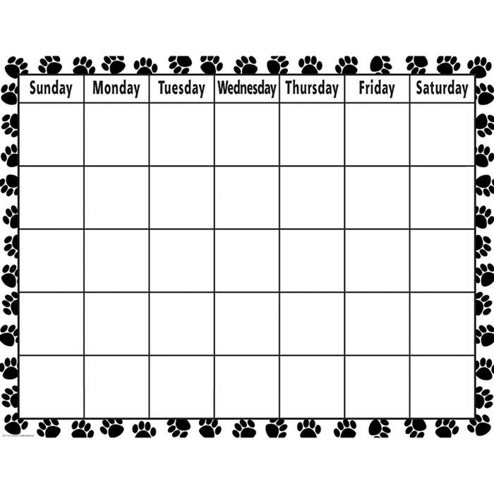 Black & While Paw Prints Calendar Chart By Teacher Created Resources