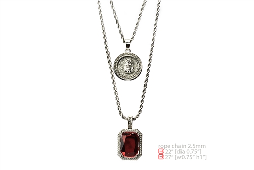 Silver Plated Square Red Ruby & Jesus Face 22"&27" Combo Pendant Chain MHC 210 S