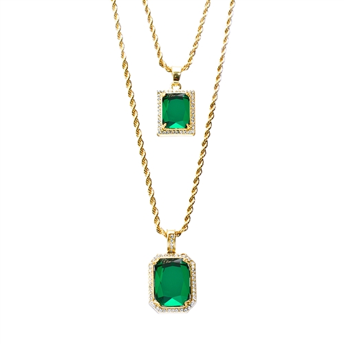 Silver Plated Double Square Green Ruby 22"&27" Combo Pendant Chain MHC 220 G