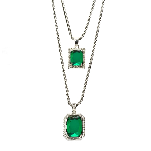 Silver Plated Double Square Green Ruby 22"&27" Combo Pendant Chain MHC 220 S