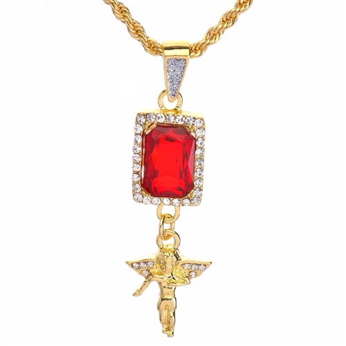 Men's Hip Hop Angel & Red Ruby Double Pendant 24" Rope Chain Set / NA 0183