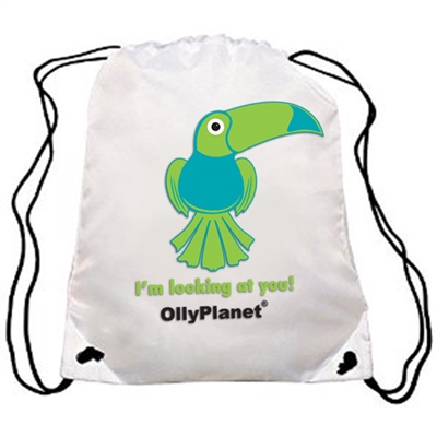 This green toucan drawstring bag is available for purchase online and is perfect for kids of all ages!