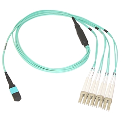 WholesaleCables.com MPLC-31005 5 meter Plenum Fiber Optic Cable 40 Gigabit Ethernet QSFP 40GBase-SR4 to MTP(MPO)/LC (4 Duplex LC) 24 inch Breakout Cable OM3 50/125