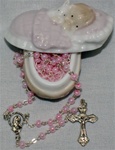 Pink Porcelain Baby Basket w/Rosary