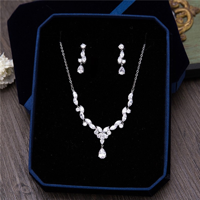 Cubic Zirconia Flower Necklace Earrings Jewellery Sets CZ Zircon Stone Wedding Jewelry Sets Pear and Marquis Cut