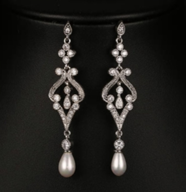 Pearl C Long Silver Earrings