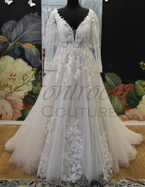 AURELIA | Floral Beaded A-Line Deep V Sheer Long Sleeve GownTop