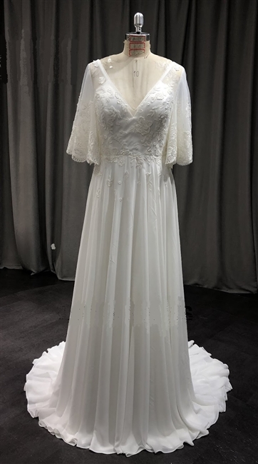 GWYENTH | Boho Flutter Sleeve Low V Back Crepe Wedding Gown