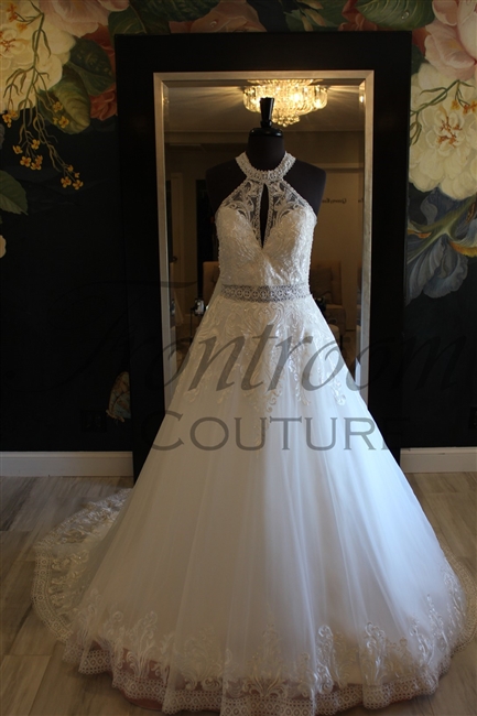 MARISSA | Lace and Beading Halter A-Line Gown with Keyhole and Open Back