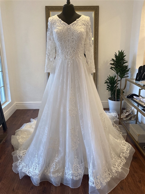 MERCEDES | Long Sleeve Lace A-Line Gown with V Neckline and Low V Back