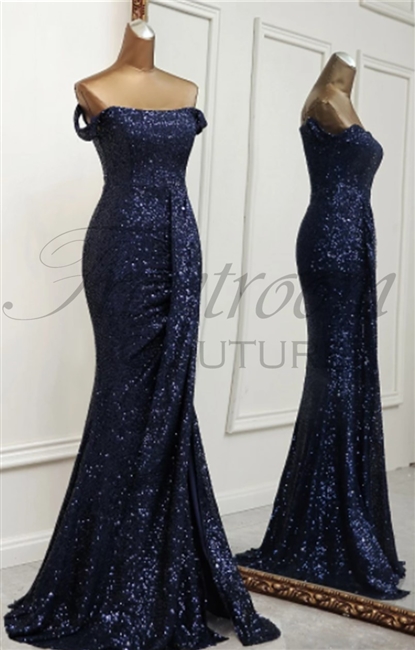 MELANIE | Off-The-Shoulder Fitted Sequin Gown with Rouching and Slit