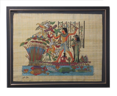 Nebamun hunting birds in boat with Hatshepsut and daughter on papyrus raft Framed Papyrus #31