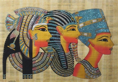 #43 Cleopatra in Royal Vulture Crown, Tutankhamen in Nemes, Nefertiti in Modius Glitter Papyrus