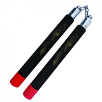 NC408 12" Foam Black Nunchaku With Red Tips And Gold Dragon Print With Metal Chain Link nunchuck