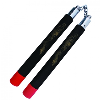 NC408 12" Foam Black Nunchaku With Red Tips And Gold Dragon Print With Metal Chain Link nunchuck