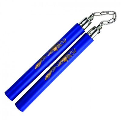 NC411 12" Blue Foam Nunchaku With Gold Dragon Print And Metal Chain Link nunchuck