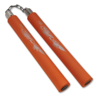 12" Orange Foam Nunchaku With Gold Dragon Print And Metal Chain Link nunchuck