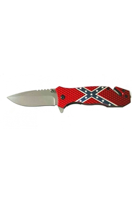 P16 T271685 8" Spring Assisted Rebel Flag Knife w/ Matte Silver Blade Handle