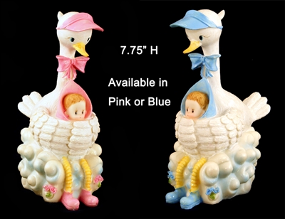 Stork Holding Baby Baby Shower Cake Top Decoration Centerpiece Ceramic 7.75"H