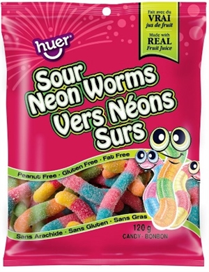 Huer 120g Gummy Sour Neon Worms 24/120g Sugg Ret $2.49