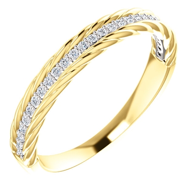 Round diamond accents adorn this 14k yellow and white gold diamond stackable ring, with 1/6 carats of diamond excellence.