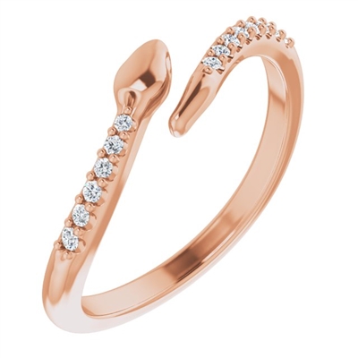 A 14k rose gold diamond snake ring with round brilliant diamond accents.