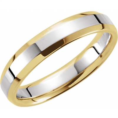 Thus 14k yellow and white gold wedding band features a dynamic beveled edge.